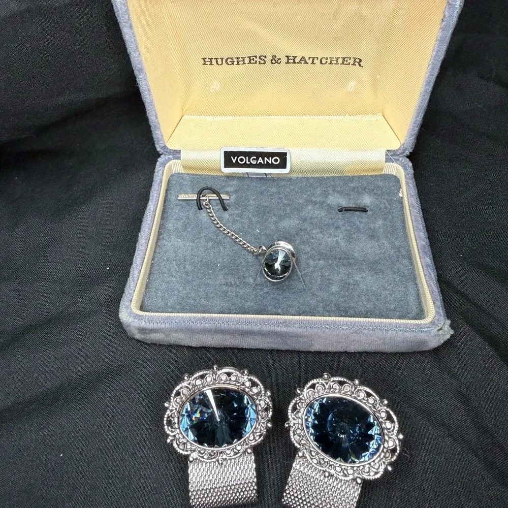 Vintage Dante Hughes & Hatcher Cufflinks & Tie Tack Set Volcano Black Stone